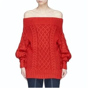 Self Portrait Off-The-Shoulder Cable Knit Sweater